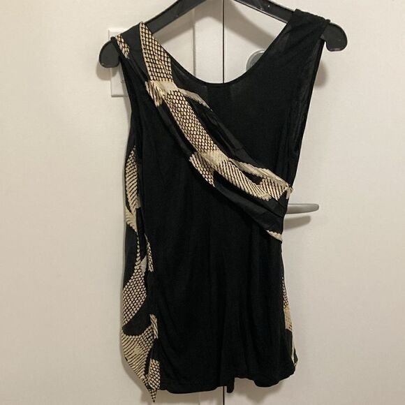 Yoana Barsschi Silk sleeveless Draped Blouse in Geometric Print Over Black Knit - Picture 2 of 7